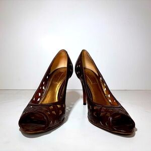 Bottega Veneta Dark Brown Leather Peep Toe Pump With Wood Stacked Heel